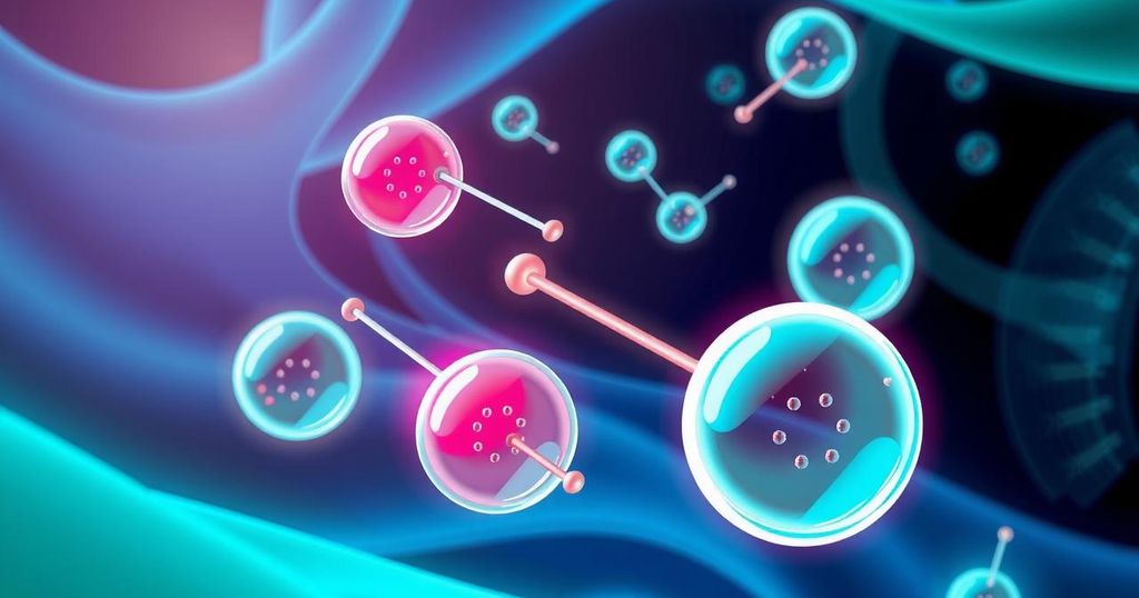 Konsep nanobody-liposome dengan warna cerah untuk inovasi pengobatan kanker paru-paru yang efektif.
