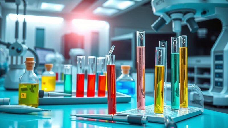 Biopsy tools and test tubes highlighting RNA research for cancer detection in a scientific lab setting.