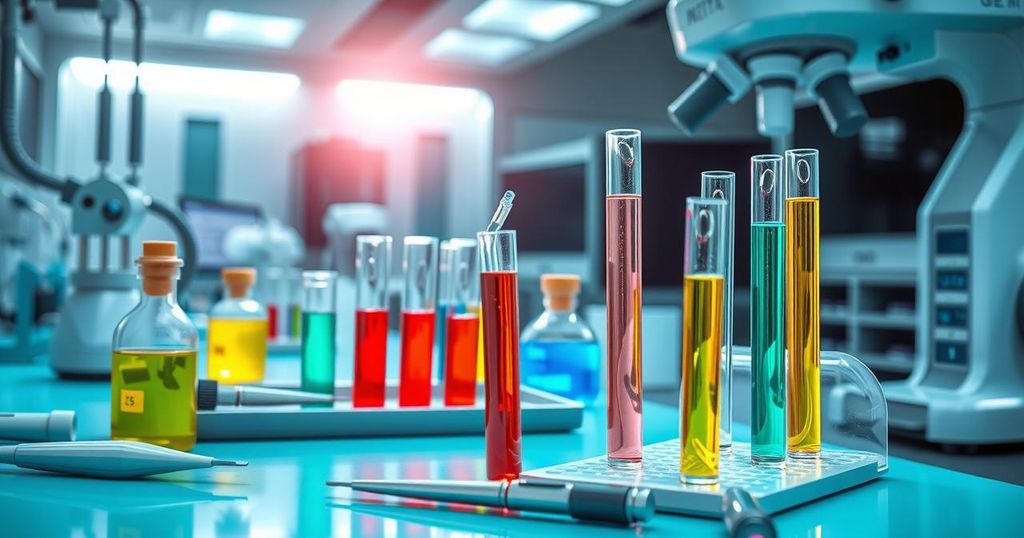 Biopsy tools and test tubes highlighting RNA research for cancer detection in a scientific lab setting.