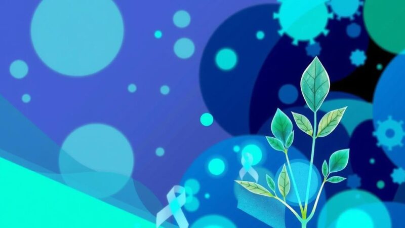 Ilustrasi grafik penelitian obat terapi endokrin kanker payudara dengan skema warna biru dan hijau.