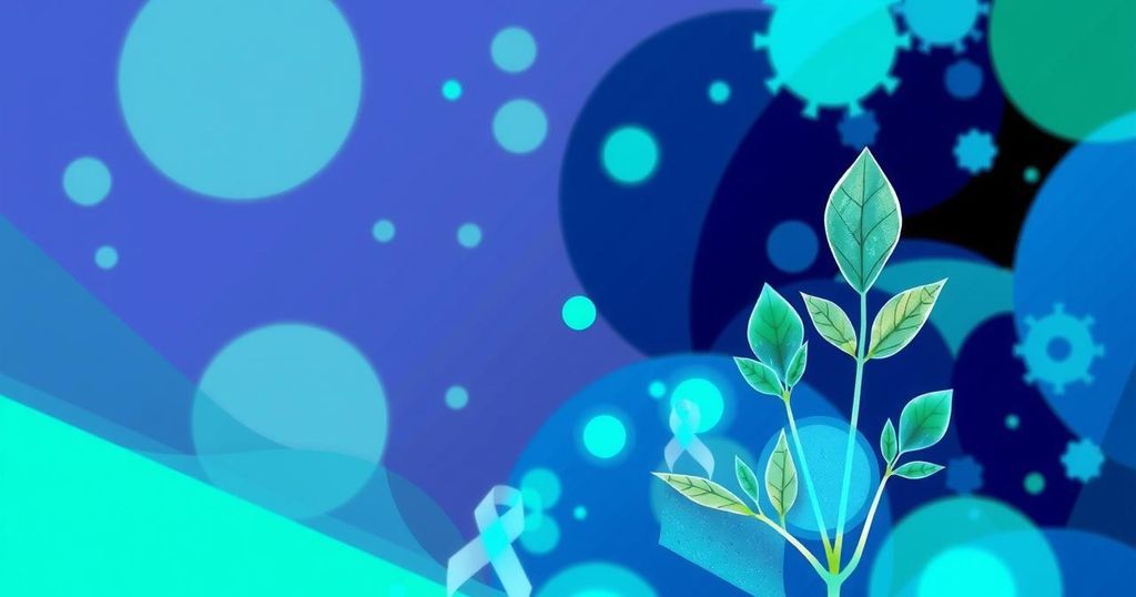 Ilustrasi grafik penelitian obat terapi endokrin kanker payudara dengan skema warna biru dan hijau.