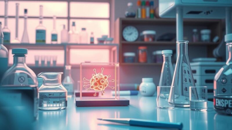 Ilustrasi penelitian kanker dengan elemen laboratorium, fokus pada enzim dengan palet warna pastel damai.