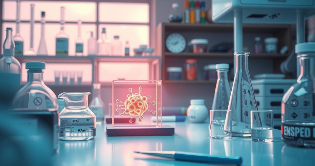 Ilustrasi penelitian kanker dengan elemen laboratorium, fokus pada enzim dengan palet warna pastel damai.