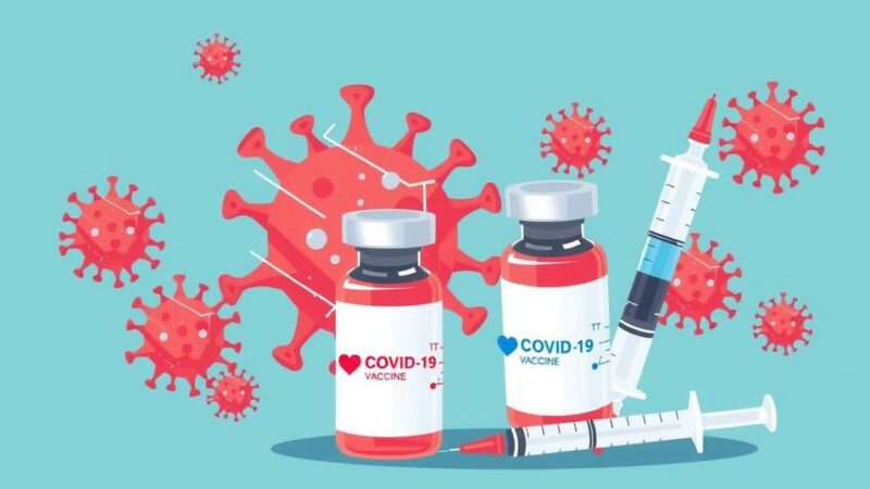 Ilustrasi desain medis, vaksinasi COVID-19 dengan latar belakang warna cerah dan tema kesehatan.