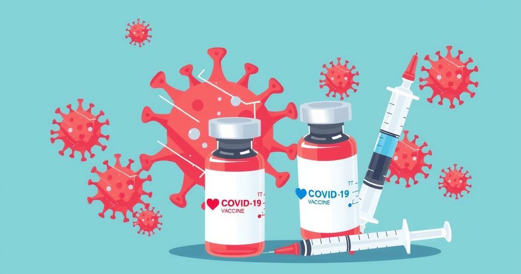 Ilustrasi desain medis, vaksinasi COVID-19 dengan latar belakang warna cerah dan tema kesehatan.