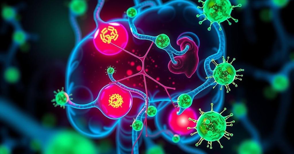 Bacteria illuminating tumors for surgery with fluorescent signals in vibrant colors.