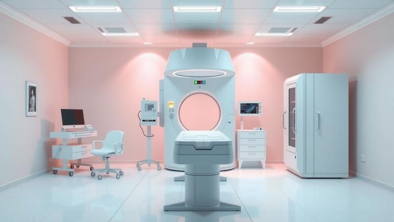 Gambar simbolis tentang pemeriksaan kanker dengan peralatan medis yang modern dan latar belakang warna cerah.