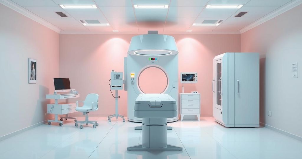 Gambar simbolis tentang pemeriksaan kanker dengan peralatan medis yang modern dan latar belakang warna cerah.
