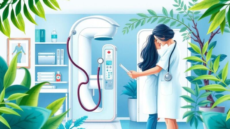 Ilustrasi wanita sehat yang menjalani pemeriksaan kesehatan rutin dengan alat medis, lingkungan positif dan mendukung.