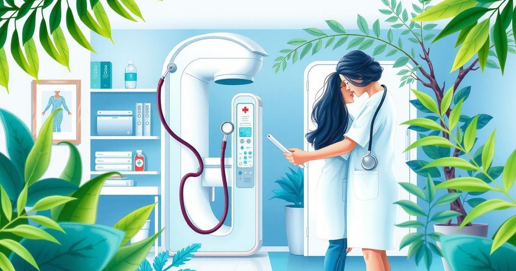 Ilustrasi wanita sehat yang menjalani pemeriksaan kesehatan rutin dengan alat medis, lingkungan positif dan mendukung.