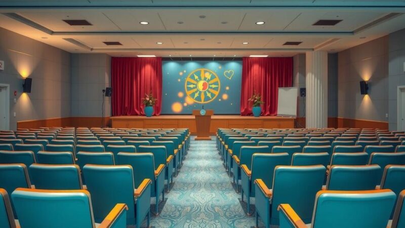 A serene hospital auditorium scene highlighting the importance of clinical trials, featuring medical professionals and supportive decor.