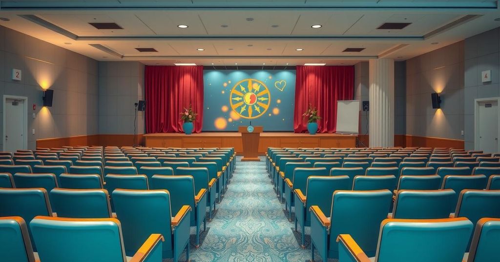 A serene hospital auditorium scene highlighting the importance of clinical trials, featuring medical professionals and supportive decor.