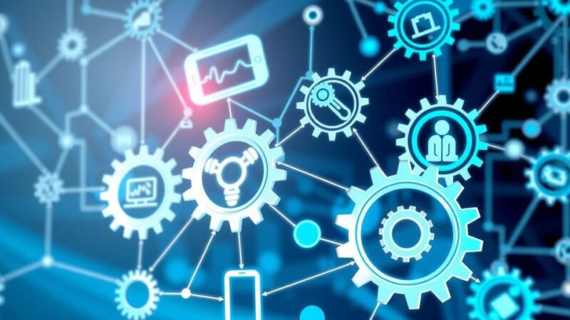 Gears and digital tools symbolizing technological advancements in ovarian cancer treatment in a healthcare setting.