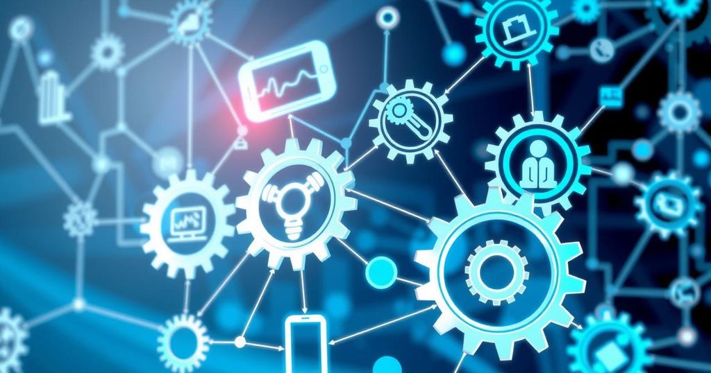Gears and digital tools symbolizing technological advancements in ovarian cancer treatment in a healthcare setting.