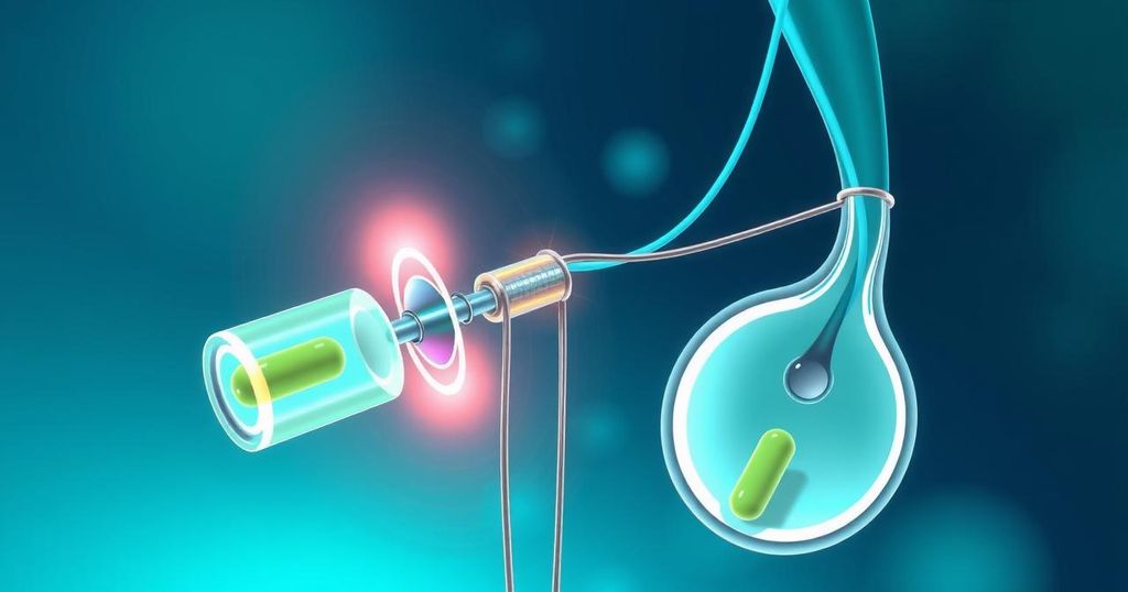Sistem pengiriman obat inovatif untuk terapi kanker kandung kemih menggunakan TAR-200 dengan skema warna biru dan hijau.