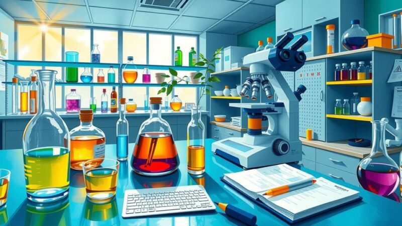 Proposal penggalangan dana untuk penelitian kanker anak dengan latar belakang laboratorium dan beraneka warna.