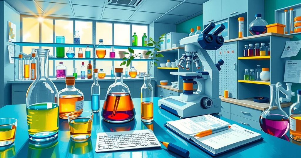 Proposal penggalangan dana untuk penelitian kanker anak dengan latar belakang laboratorium dan beraneka warna.