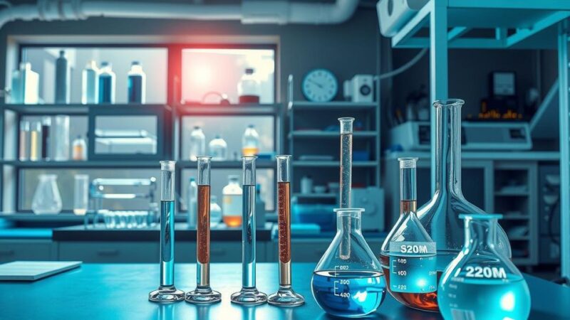 Ilustrasi laboratorium penelitian dengan labu dan peralatan modern dalam nuansa biru dan hijau.