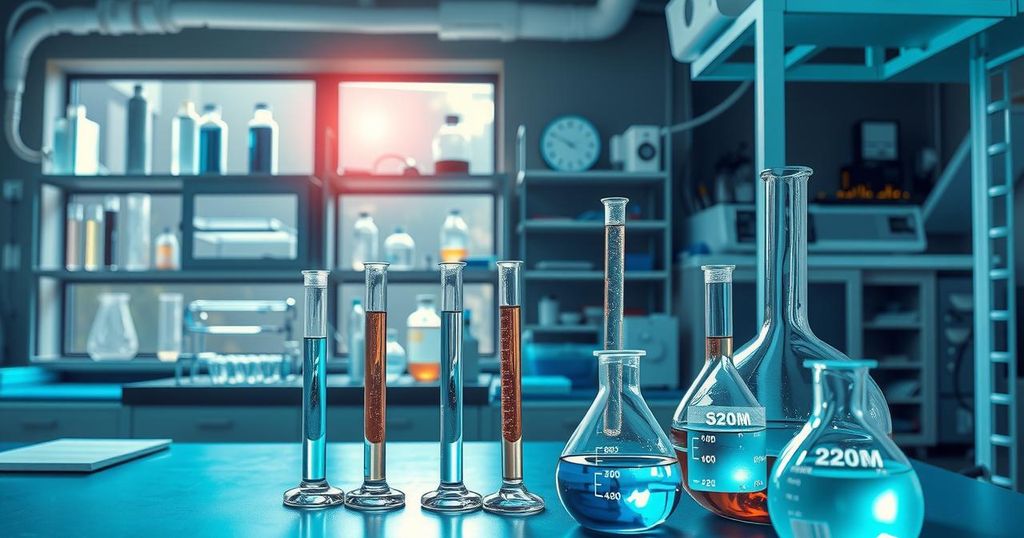 Ilustrasi laboratorium penelitian dengan labu dan peralatan modern dalam nuansa biru dan hijau.