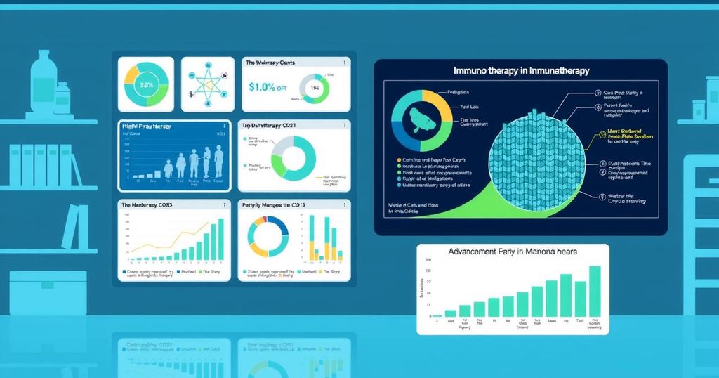 Pemandangan ilmiah dengan grafik dan diagram yang menunjukkan kemajuan penelitian imunoterapi pada melanoma.