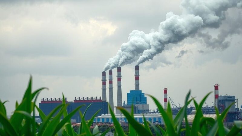 Pemandangan kota dengan asap industri, langit kelabu mencekam, dan tanaman hijau di latar, menunjukkan dampak polusi udara.