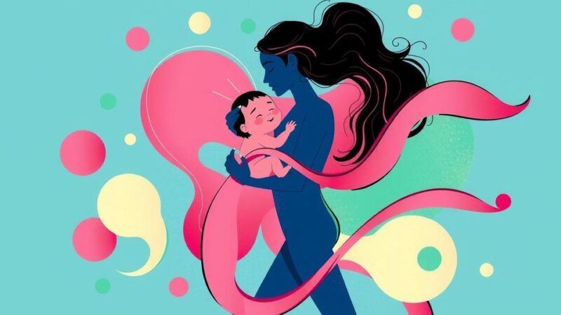 Ilustrasi wanita dengan latar belakang penuh warna yang menunjukkan dampak berat badan dan usia ibu.