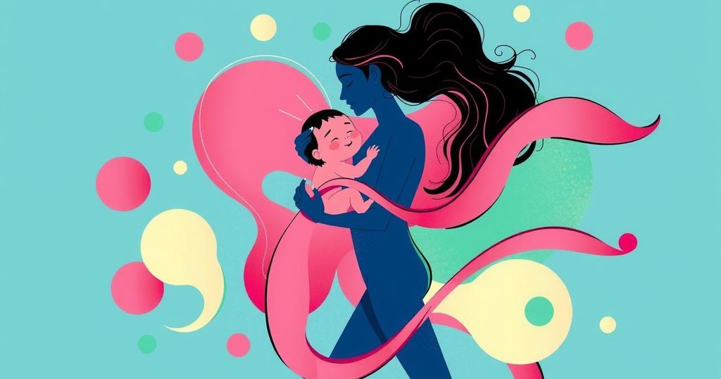 Ilustrasi wanita dengan latar belakang penuh warna yang menunjukkan dampak berat badan dan usia ibu.