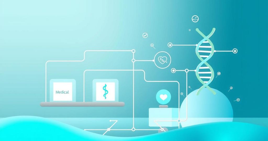 Donor registry concept with medical and research elements in calming blue and green tones.