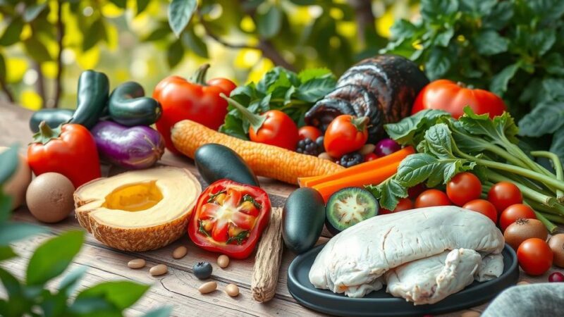 Sumber protein sehat, berbagai bahan makanan, sayuran berwarna cerah, latar belakang alami, gaya seni realis.