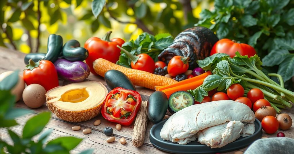 Sumber protein sehat, berbagai bahan makanan, sayuran berwarna cerah, latar belakang alami, gaya seni realis.