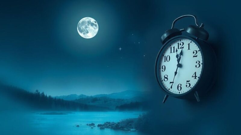 Pemandangan malam dengan jam dinding menandakan waktu, simbol sirkadian dengan cahaya lembut.