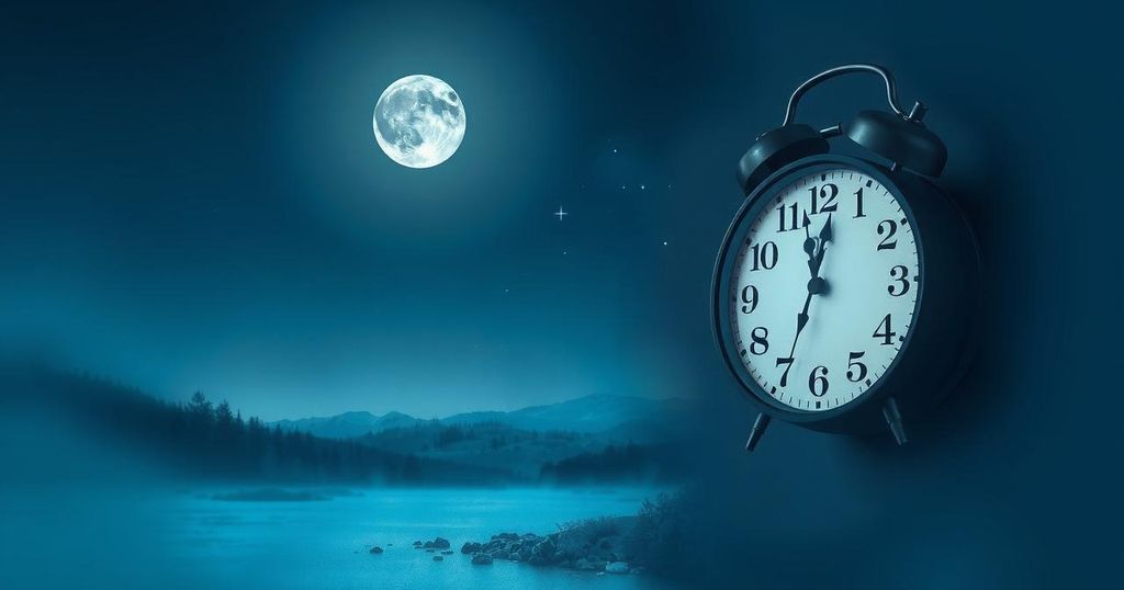 Pemandangan malam dengan jam dinding menandakan waktu, simbol sirkadian dengan cahaya lembut.