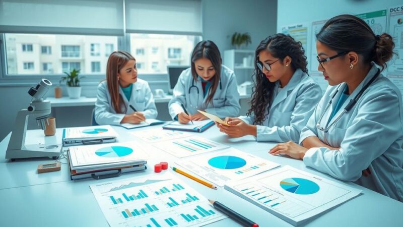 Gambaran peneliti menganalisis data kesehatan ibu di laboratorium dengan grafik statistik dan dokumen medis.