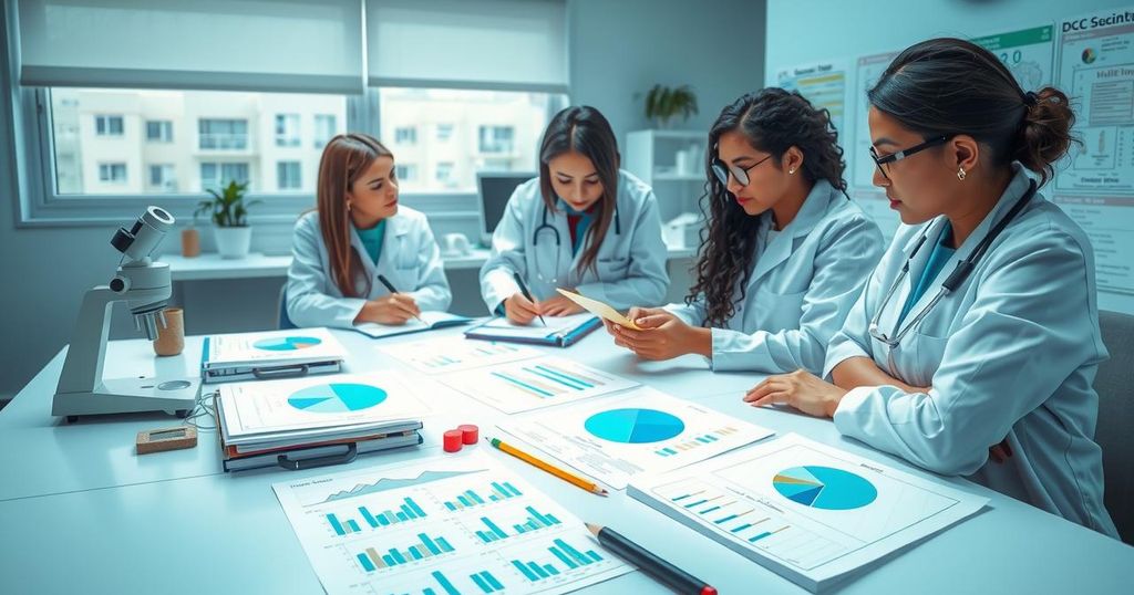 Gambaran peneliti menganalisis data kesehatan ibu di laboratorium dengan grafik statistik dan dokumen medis.