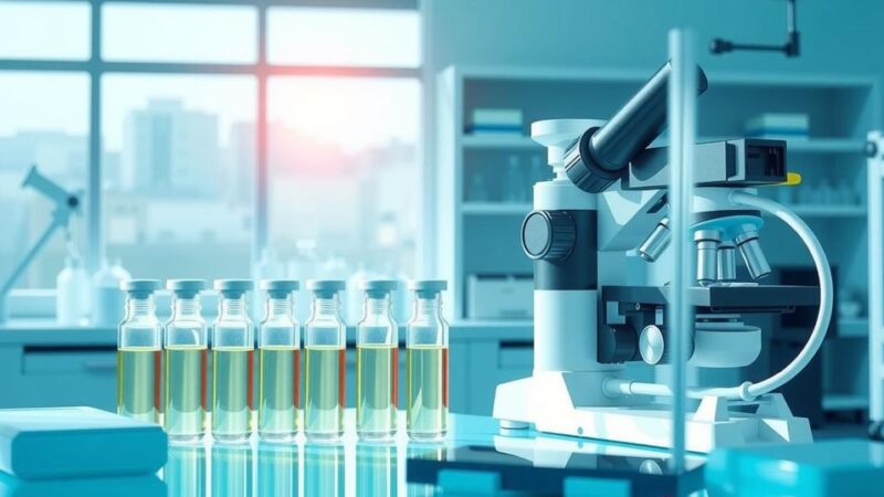 Ilustrasi biomarker kanker dan imunoterapi di laboratorium, suasana tenang dengan warna biru dan hijau