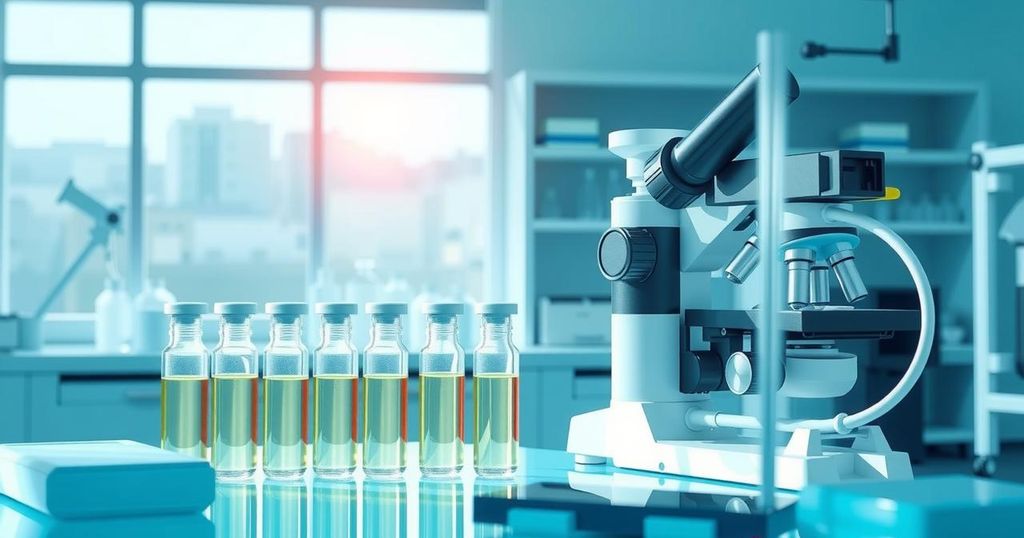 Ilustrasi biomarker kanker dan imunoterapi di laboratorium, suasana tenang dengan warna biru dan hijau