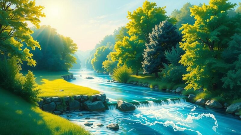 Grafis pemandangan alam yang tenang dengan pepohonan hijau, langit cerah, dan aliran sungai, melambangkan harapan dan kesehatan.