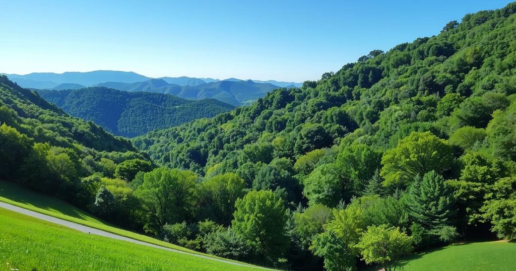 Rural Appalachian landscape with mountains and trees, symbolizing health disparities in the region.