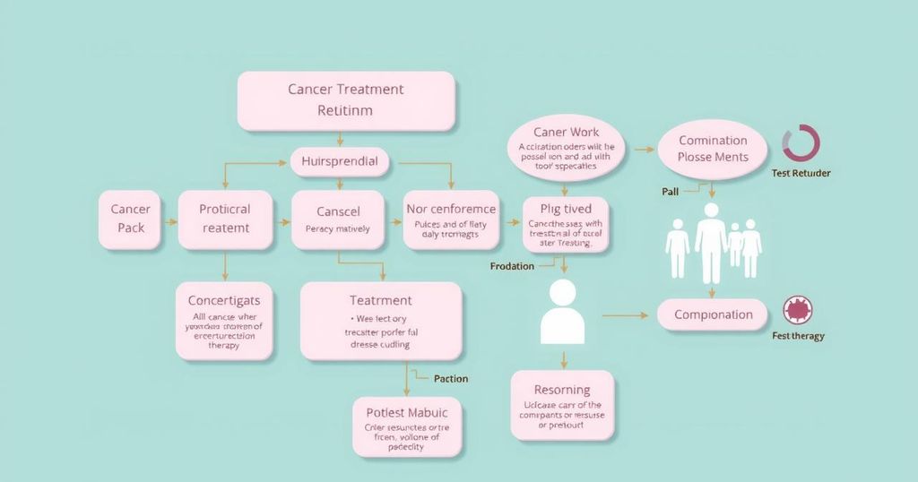 Gambar diagram alir yang menunjukkan pengobatan kanker perut dengan kombinasi pengobatan, ilustrasi berwarna lembut.