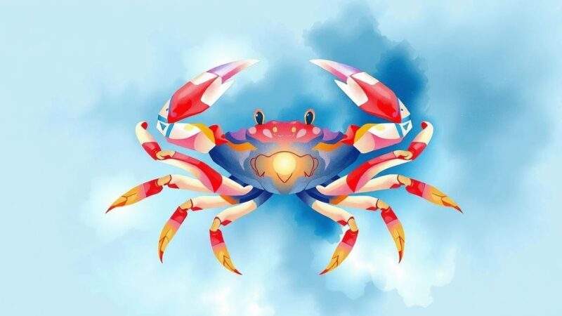 Ilustrasi ramalan bintang Cancer dengan tema bercahaya, nuansa biru dan putih, gambaran simbol kepiting dan bulan.