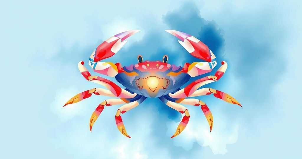 Ilustrasi ramalan bintang Cancer dengan tema bercahaya, nuansa biru dan putih, gambaran simbol kepiting dan bulan.
