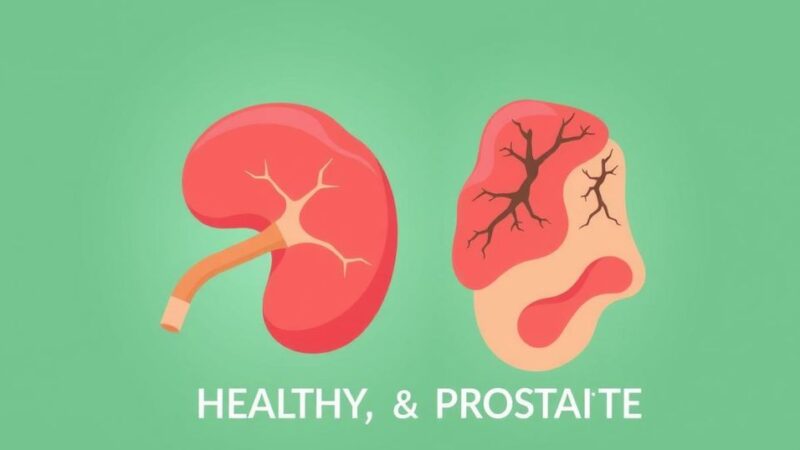 Gambar ilustrasi prostat sehat dan tidak sehat dengan latar belakang hijau menenangkan.