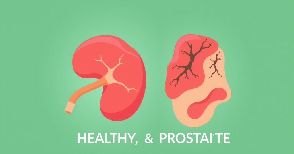 Gambar ilustrasi prostat sehat dan tidak sehat dengan latar belakang hijau menenangkan.
