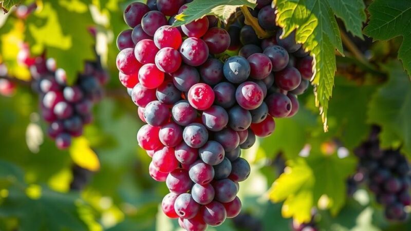 Grapes in sunlight with green leaves, showcasing freshness and luscious colors.
