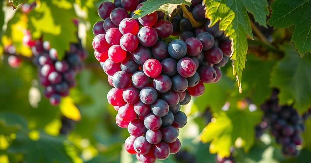 Grapes in sunlight with green leaves, showcasing freshness and luscious colors.