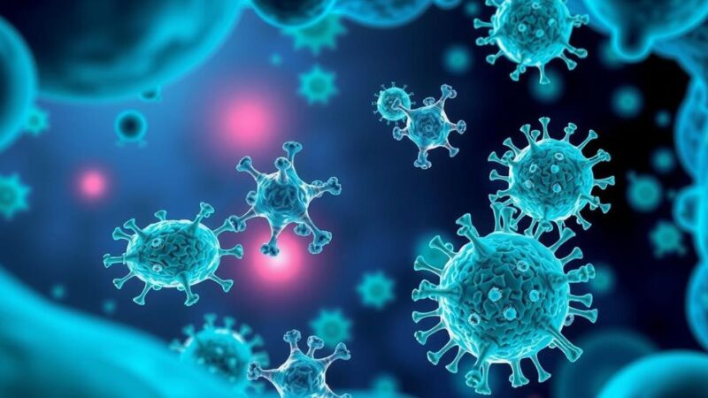 Ilustrasi grafis tentang molekul protein dan lingkungan tumor dengan palet warna biru dan hijau.