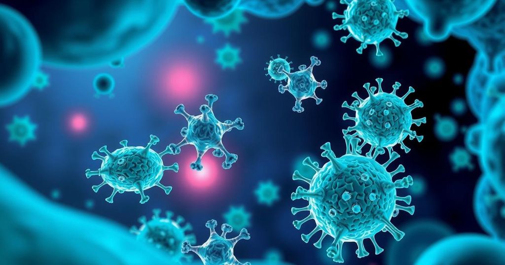 Ilustrasi grafis tentang molekul protein dan lingkungan tumor dengan palet warna biru dan hijau.