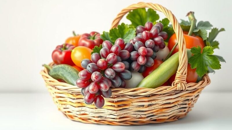 Grapes and vegetables in a basket, representing healthy food choices for cancer prevention, in soft pastel colors.