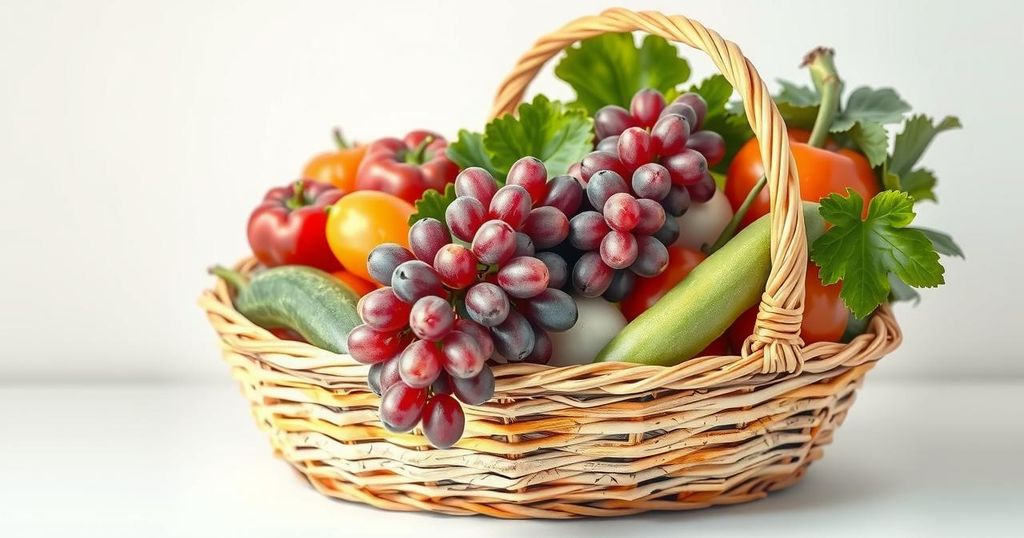 Grapes and vegetables in a basket, representing healthy food choices for cancer prevention, in soft pastel colors.