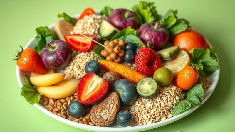 Piring berisi makanan sehat dari sumber nabati dan sayuran segar untuk diet berkelanjutan yang ramah lingkungan.
